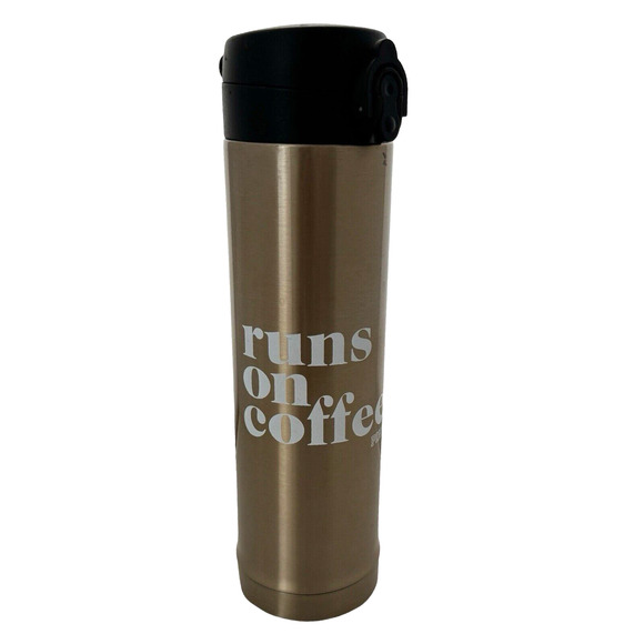 PINK Victorias Secret Travel Mug Runs On Coffee 15 oz Brown Gold Tone Hot Cold - Picture 1 of 9